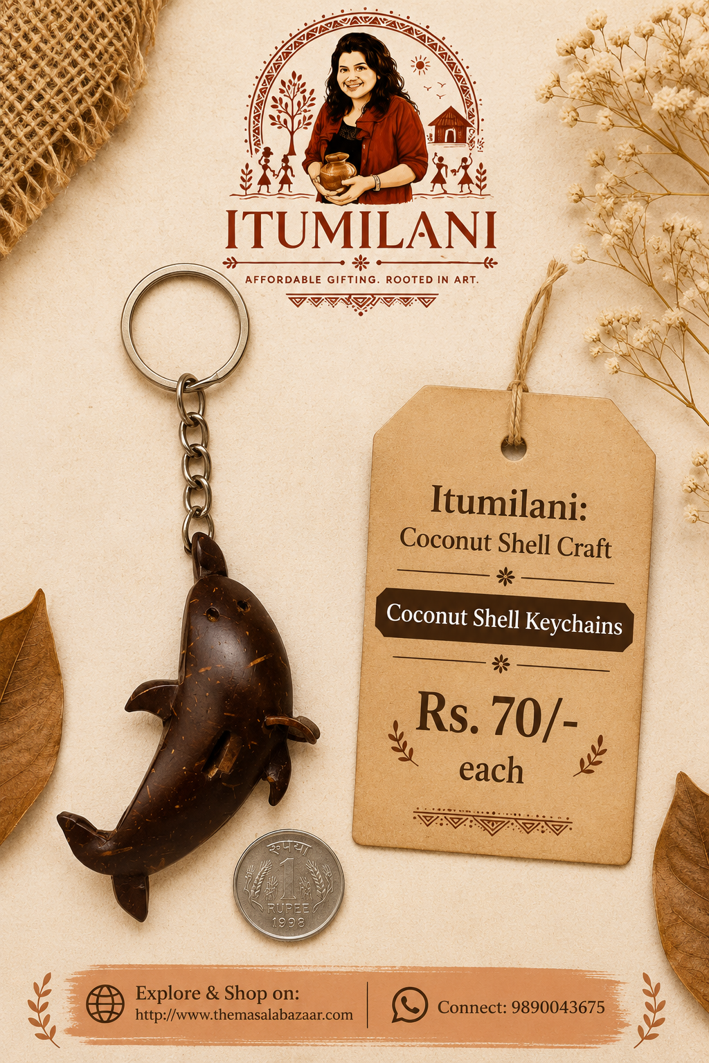 Coconut Shell Keychain Dolphin